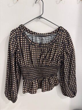 Anthropologie Smoked Waist Plaid Peasant Blouse - Black & Cream